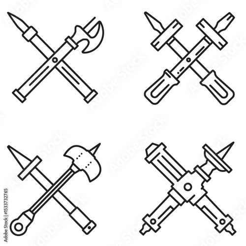 Four crossed medieval weapon line icons depicting different antique armaments and tools