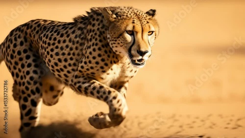 Dynamic low-angle shot of a cheetah running across a savannah, capturing its speed and grace, ideal for a wildlife video theme.