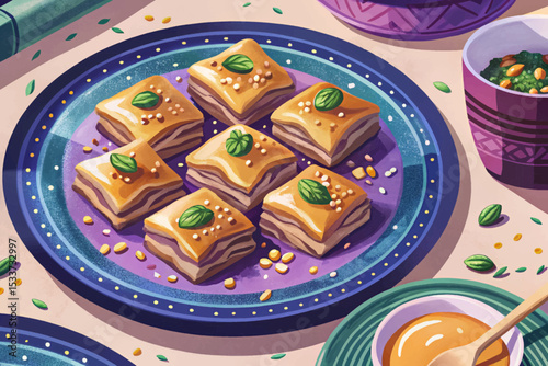 Turkish baklava with pistachios and honey syrup traditional Middle Eastern dessert, sweet layered pastry in golden color, rich and flaky