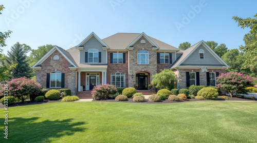 Luxury house exterior with brick and siding trim and double garage, beautiful, large suburban house with a multi-gabled roof, featuring a combination of grey siding and elegant brickwork