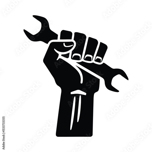Black hand holding wrench repair tool maintenance service industry mechanic construction worker strength power work vector illustration silhouette