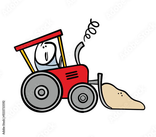 Cartoon satisfied worker rides a red tractor, shoveling sand. Vector illustration of doodle toy transport at a construction site. Isolated funny character and car on white background.