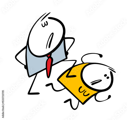 Cartoon male abuser put his foot on the woman. Vector illustration of a husband dominating, offending his wife. The unhappy girl is lying on the floor and suffering from aggression.