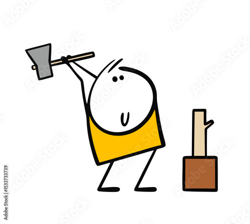 Strong man has an axe raised over his head and is chopping firewood. Vector illustration of the preparation of fuel for heating a winter house in the village. Supplies for a stove or campfire.