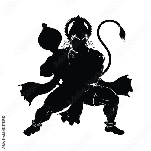 Hanuman silhouette hinduism god indian mythology deity hindu india religion rama monkey strength power bhakti vector illustration