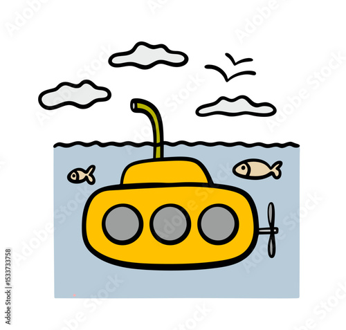 Yellow submarine is floating deep underwater. Vector illustration of an underwater vehicle with a motor and portholes in the ocean.