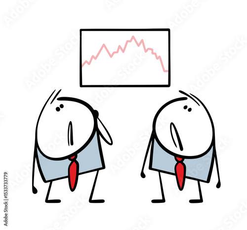 Two businessmen on the stock exchange are looking sadly at the falling share price chart. Vector illustration of failed investments. Bad business strategy.