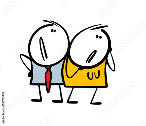 Unsuccessful relationship between wife, husband. Man and  woman stand together, facing away from each other, thinking and sad. Vector illustration of  unhappy family, needs the help of psychologist.