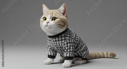 Cat Wearing Plaid Shirt Looking Up with Curiosity