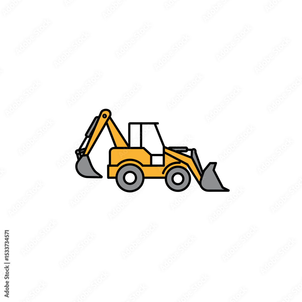 Cartoon backhoe loader icon with construction theme for heavy machinery and earthmoving in yellow color Cartoon backhoe loader icon with construction theme for heavy machinery and earthmoving in yellow color