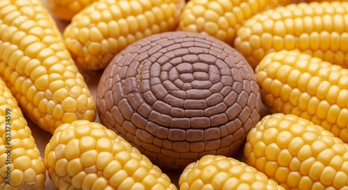 Close-up of Yellow Corn Cobs with Round Chocolate Object