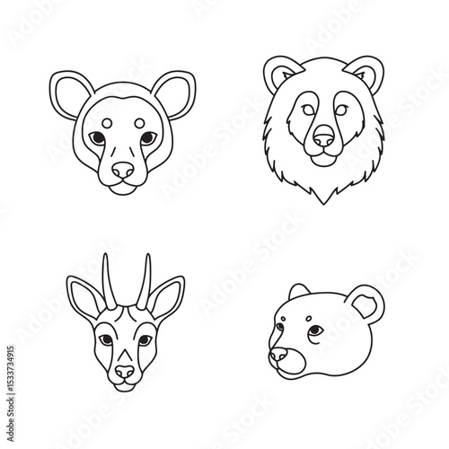 Simple line art illustrations of four different animal heads showing bear deer and others