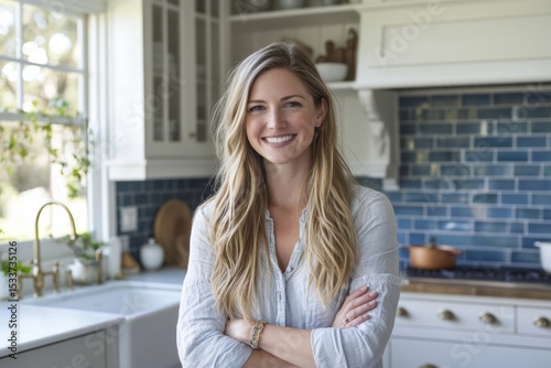 Portrait of a Smiling Woman in a Bright and Modern Kitchen Setting