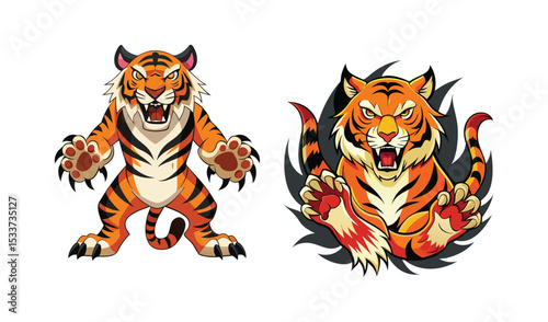 Two cartoon tigers roaring and clawing