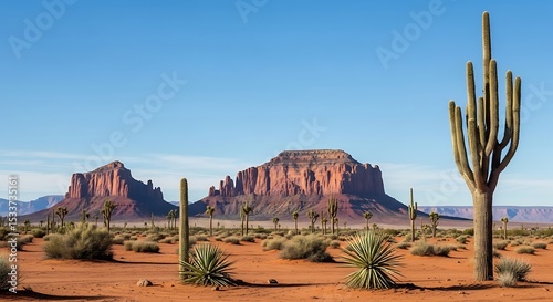 Desert Landscape with Cactus and Rock Formations Under Clear Sky