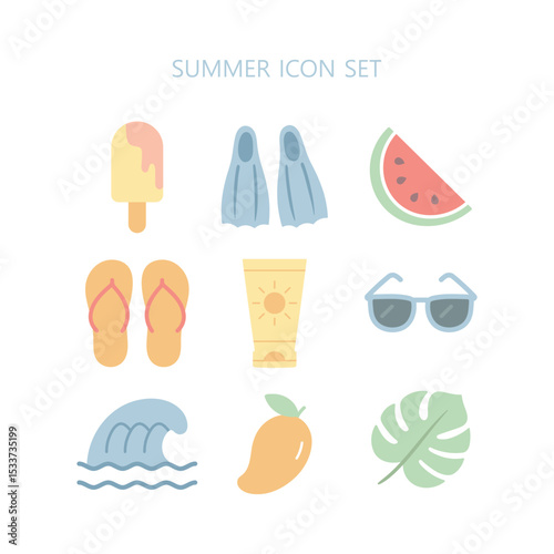 Flat summer icon set with beach elements: ice cream, flippers, watermelon, flip flops, sunscreen, sunglasses, waves, mango, and monstera leaf. Summer and vacation. Vector design on white background.