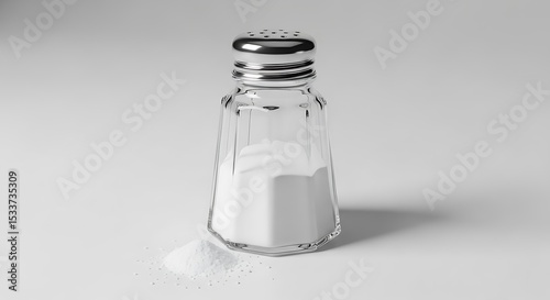 Dispensing Salt From a Glass Shaker on a Neutral Background