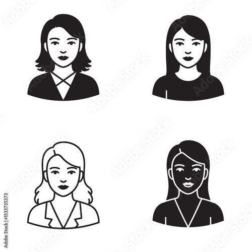 Stylish modern monochrome vector illustrations of diverse women portraits with various hairstyles