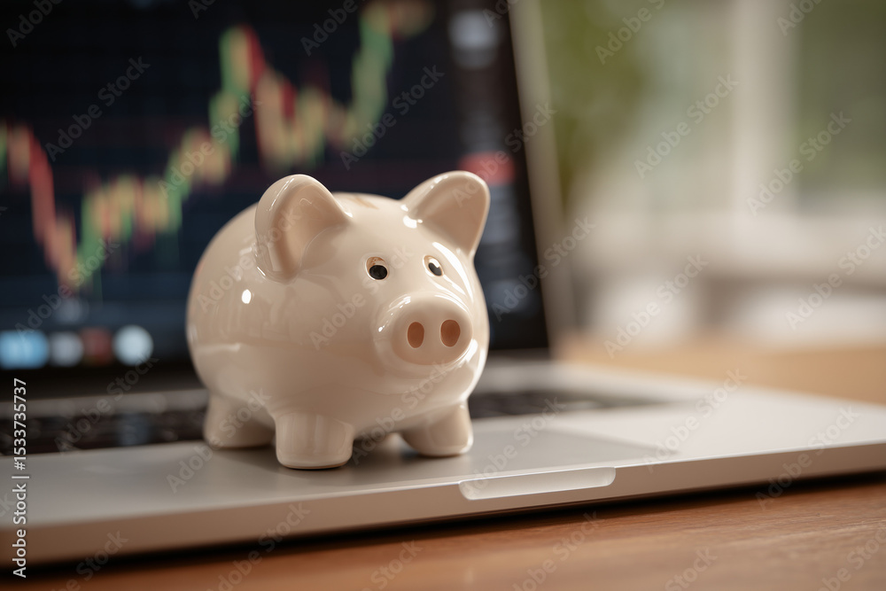A symbolic clay piggy bank toy placed on a modern laptop keyboard or wooden table, with a digital screen in the background showing stock market graphs, financial charts, or candlestick trends. A symbolic clay piggy bank toy placed on a modern laptop keyboard or wooden table, with a digital screen in the background showing stock market graphs, financial charts, or candlestick trends.