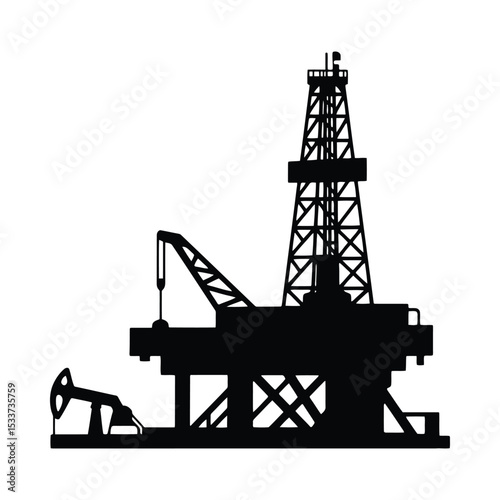 Oilfield oil well drilling rig petroleum pumpjack silhouette energy industry exploration extraction vector illustration