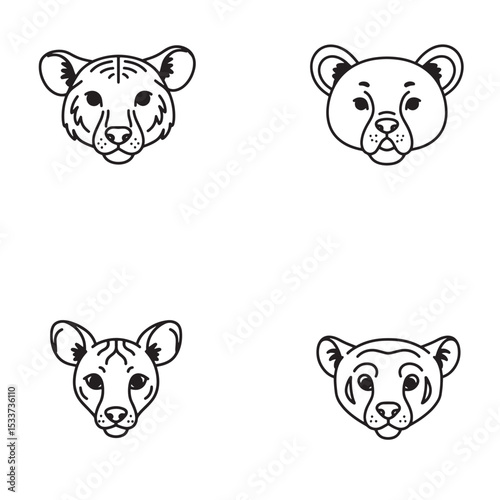 Vector illustrations of cute animal faces featuring various big cat cartoon character designs