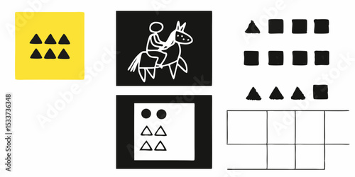 Various abstract geometric shapes and a person riding a horse in a collage format display