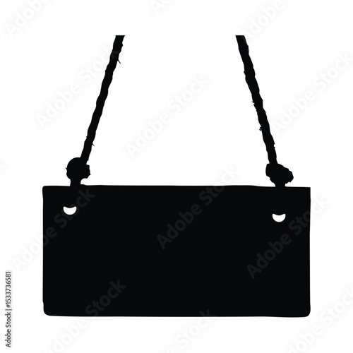 Hanging sign board blank wood rope black silhouette notice message advertising marketing announcement display vector illustration