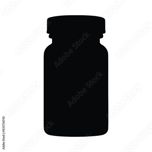 Black bottle medicine container supplement vitamin pill health care pharmacy product plastic jar isolated object vector illustration silhouette