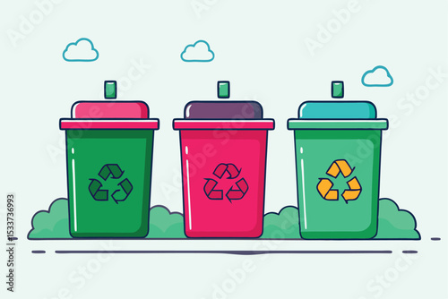 Colorful Recycling Bins with Recycle Symbols and Cloud Illustrations, Eco-Friendly Waste Management.