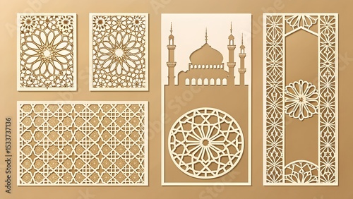 Templates for laser cutting, plotter cutting, printing. Square line patterns set. Geometric design cut out of paper. Mandala Islamic die cut ornament. Fretwork panels, cutout silhouette stencils.