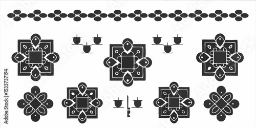 Illustration of traditional kolam designs with geometric shapes and diya lamps arrangement pattern