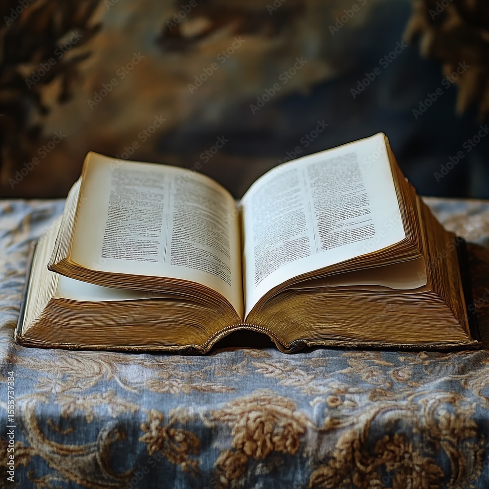 Fototapeta premium Open Book in Time: An open antique book rests gracefully, its aged pages bearing testament to stories untold, inviting a moment of introspection and historical reflection. 