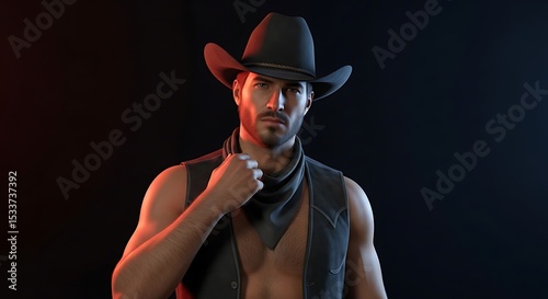 Man Wearing Cowboy Outfit Looking Serious Under Dramatic Lighting