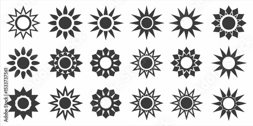Collection of fifteen sun icons with varied ray styles in a monochrome arrangement on white