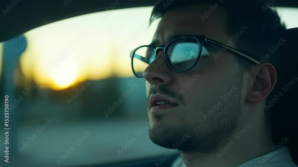 Young Man Driving at Sunset Golden Hour