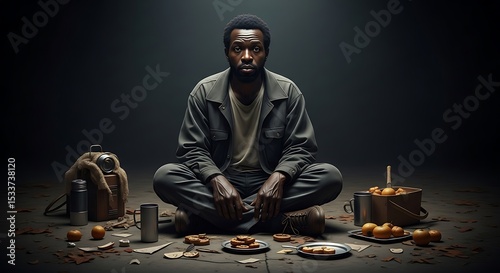 Person Sitting on the Floor with Food and Belongings
