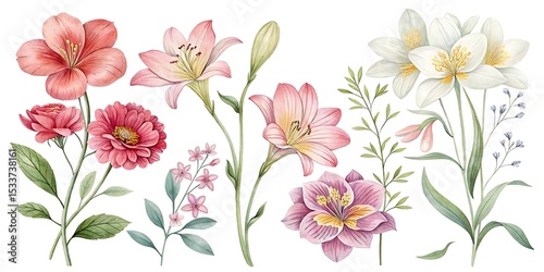 Set of beautiful flower, Watercolor collection of hand drawn flowers, Botanical plant illustration