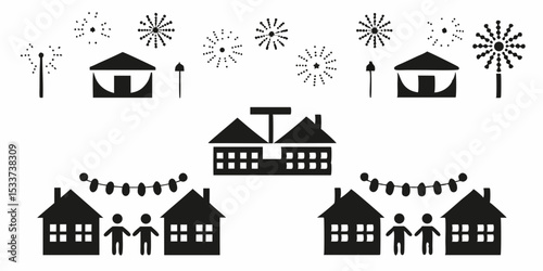 Black and white festive scene with houses, fireworks, people, and string lights creating a holiday atmosphere