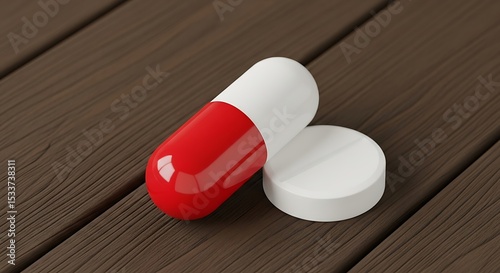 Pill and Capsule on Wooden Surface for Healthcare Concept