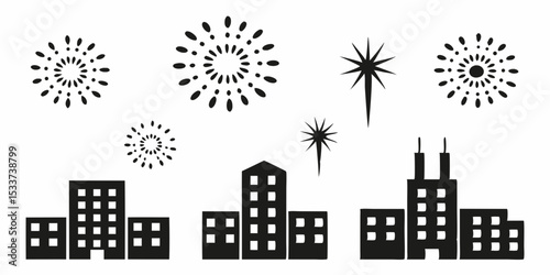 Black and white cityscape with fireworks and starbursts above the building silhouettes at night time
