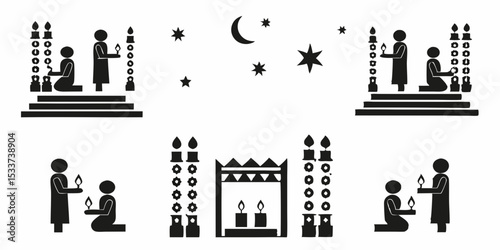 Silhouette illustration of people with candles at night under the moon and stars in black and white