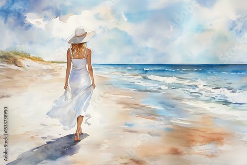 Watercolor woman walking on beach generative ai.	
