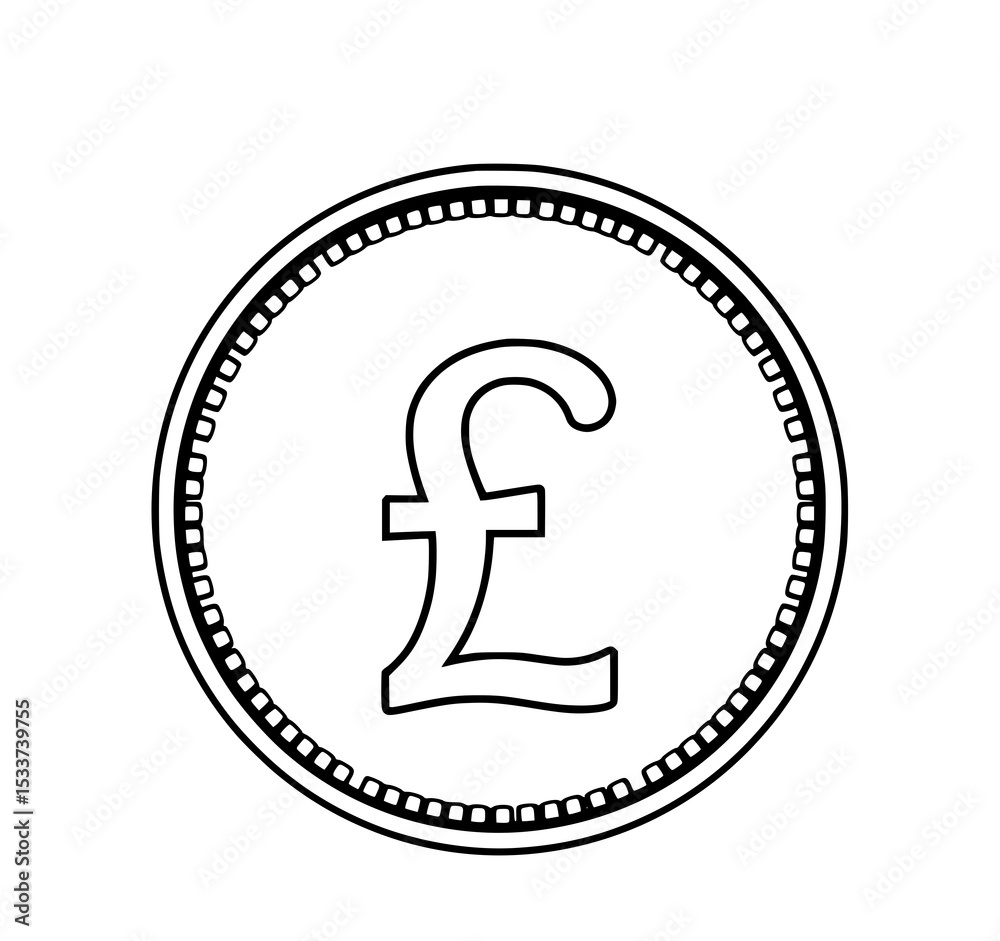 Pound Sterling Coin: A simple line art illustration depicts a British pound coin, showcasing the iconic £ symbol within a circular frame. Pound Sterling Coin: A simple line art illustration depicts a British pound coin, showcasing the iconic £ symbol within a circular frame.