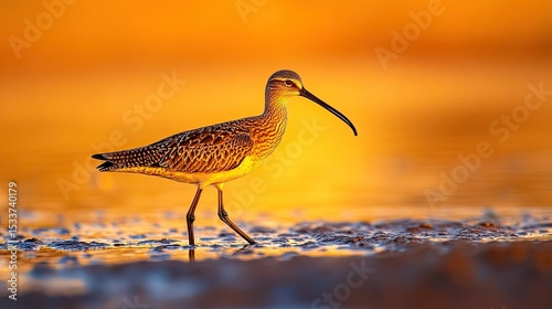 Elegant curlew bird walks on shallow waters during golden hour, serene and tranquil photo