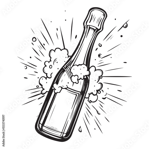 champagne bottle silhouette , black and white illustration isolated on white background 