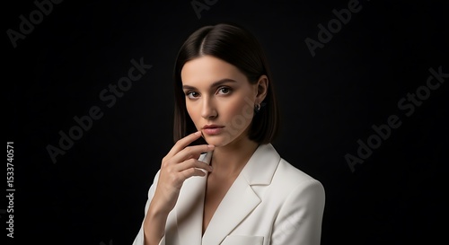 Woman in White Blazer Posing on Dark Background Portrait