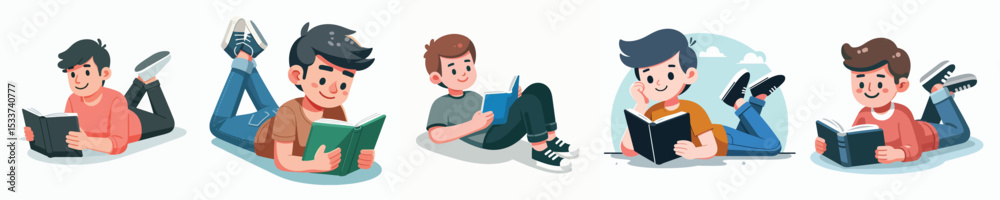 vector of a little boy lying on his stomach reading a book vector of a little boy lying on his stomach reading a book
