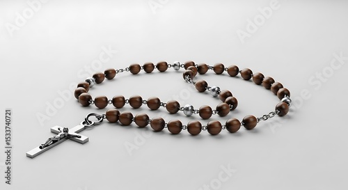 Wooden Bead Necklace with Metal Cross on Plain Background