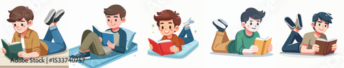 vector of a little boy lying on his stomach reading a book