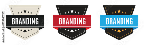 Set of "branding" badges in black, red, and blue with star accents, ideal for corporate identity, marketing, and business recognition